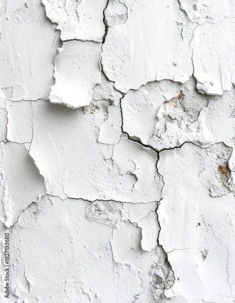 Fototapeta Peeling white paint on a textured wall with cracks and exposed layers