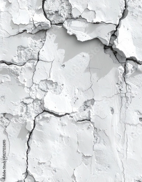 Fototapeta Close-up of a weathered, cracked white wall texture with shadows