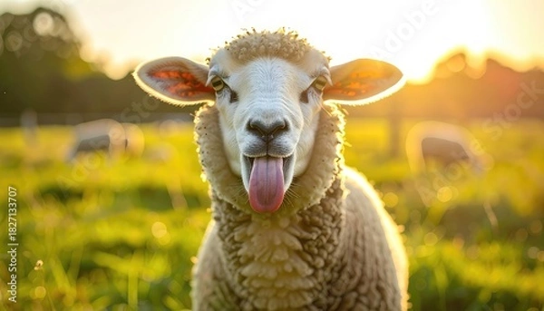 Fototapeta Funny sheep sticks its tongue out in a sunny green field