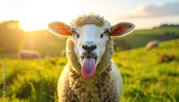 Fototapeta Close-up of a sheep with tongue out, in a sunny meadow