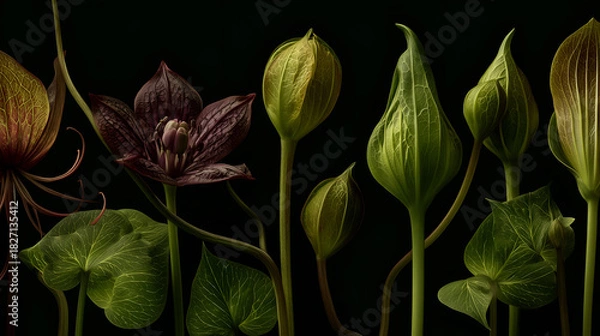 Obraz Petal veins and bud texture evoke clarity, ritual, and editorial depth in botanical storytelling. Leaf shimmer and dark contrast highlight morphology, rhythm, and visual structure.