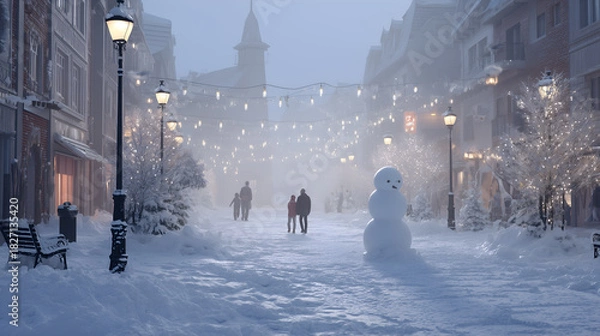 Obraz Snow-covered street with snowman, string lights, and warmly dressed figures. Misty air and glowing lamps evoke seasonal charm, community, and winter celebration.