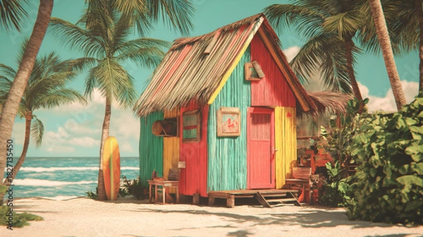 Fototapeta Bright beach hut with palm roof, surfboard, and tropical foliage. Vivid tones and relaxed styling evoke clarity, escape, and editorial depth in coastal lifestyle storytelling.