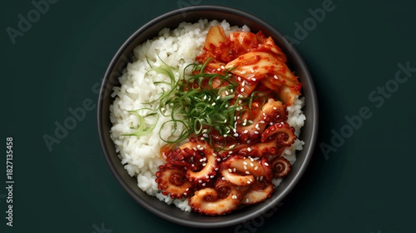 Fototapeta Glossy tentacles and fermented kimchi evoke clarity, ritual, and editorial depth in Korean culinary storytelling. Sesame seeds and scallions add texture and visual spice.