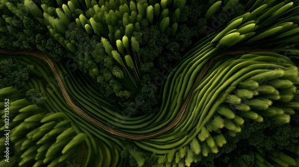 Fototapeta Top-down view of curved road through lush terraces and forest canopy. Ideal for editorial, nature, environmental, seasonal, or conceptual storytelling photography themes.