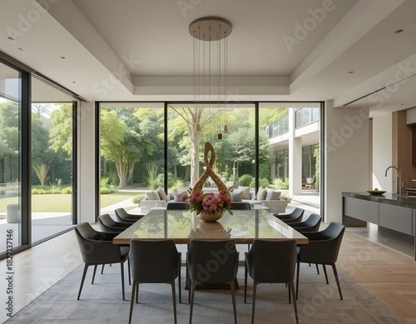 Obraz Modern Dining Area with Sculptural Centerpiece and Garden View