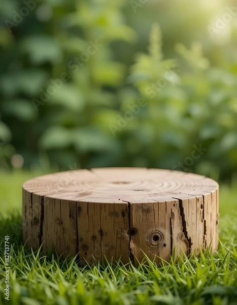 Obraz Rustic Wooden Tabletop Podium on Grassy Field with Green Plant Background