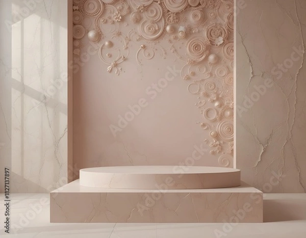 Obraz Sleek Rectangular Podium in Matte Beige with Rose Gold Backdrop