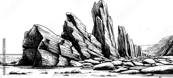 Obraz Coastal slate formations: engraved jagged rock design for nature prints