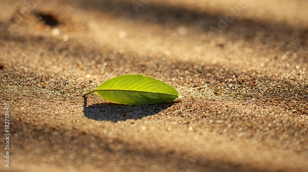 Obraz A single green leaf lying on a surface covered with small brown pebbles in soft diffused lighting