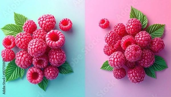 Fototapeta Two vibrant piles of fresh raspberries with green leaves on a split color background.