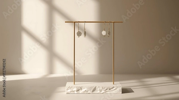 Obraz Earring display with gold stand and white textured base against a neutral backdrop with shadows