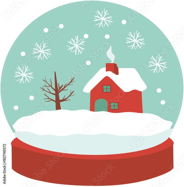 Fototapeta Whimsical Christmas Snow Globe with Cute Red Cottage, Bare Tree, Snowy Landscape, and Festive Seasonal Design for Holiday Graphics