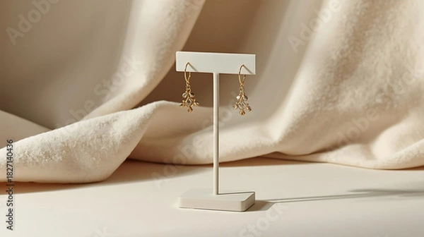 Obraz A pair of gold earrings displayed on a white stand against a draped cream colored fabric backdrop