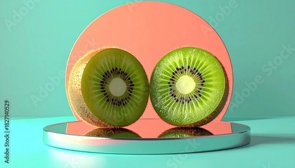 Fototapeta Two kiwi halves on a reflective surface against a colorful backdrop.