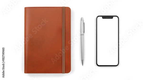 Obraz A tan notebook with elastic band next to a silver pen and a smartphone with a blank white screen