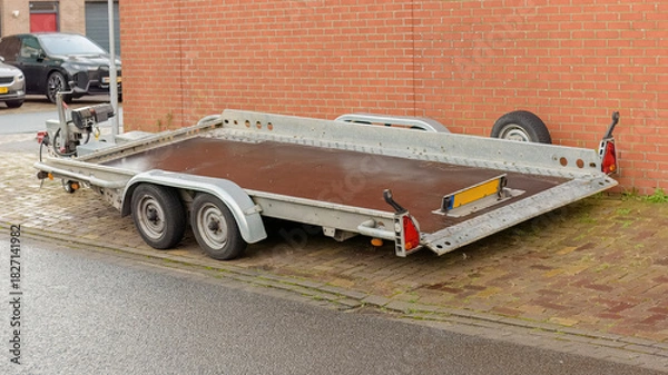 Obraz two axle trailer is parked outside on the street next to a stone wall