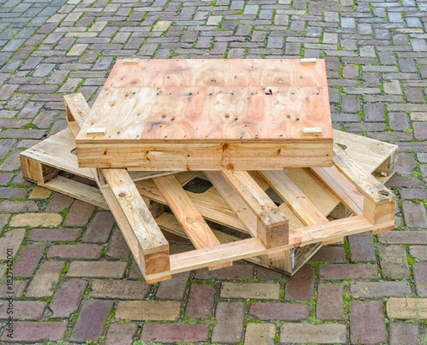 Obraz wooden industrial pallets stacked on top of each other outside on the street