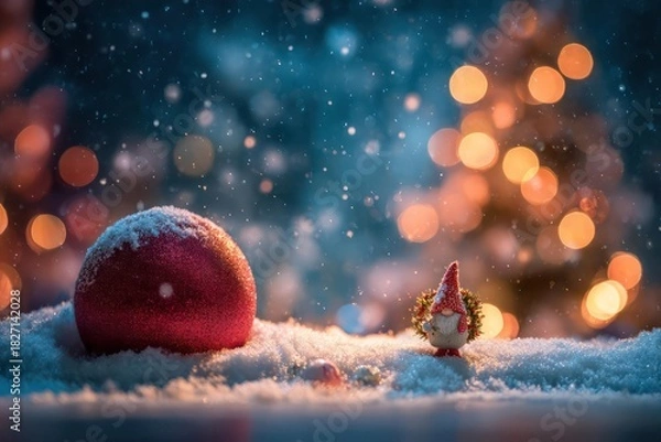 Obraz Magical winter wonderland scene with snow falling on a red ornament and pinecone near a glowing christmas tree