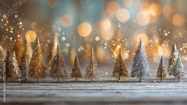 Obraz Festive miniature christmas trees dusted with snow and glitter against a bokeh background of warm lights