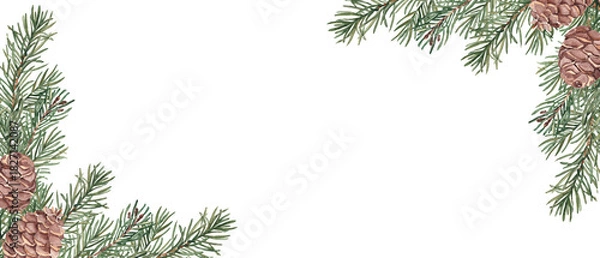 Fototapeta Christmas banner with Winter plants. Fir, pine branches and cones. Watercolor horizontal frame, border. Hand drawn illustration. Perfect as a web banner, card and invitation template.