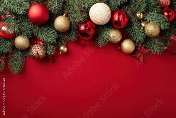 Obraz Festive christmas fir tree garland with red and gold ornaments adorning a vibrant red background
