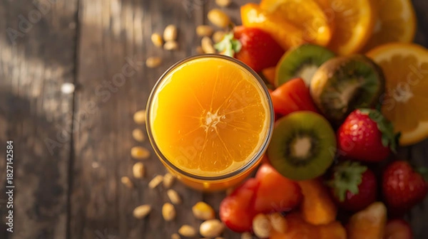 Obraz Top view of orange juice in glass with strawberries kiwi and orange slices on wooden surface near seeds