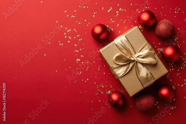 Obraz Festive golden gift box with satin ribbon surrounded by shiny red ornaments and sparkling confetti on a vibrant red background