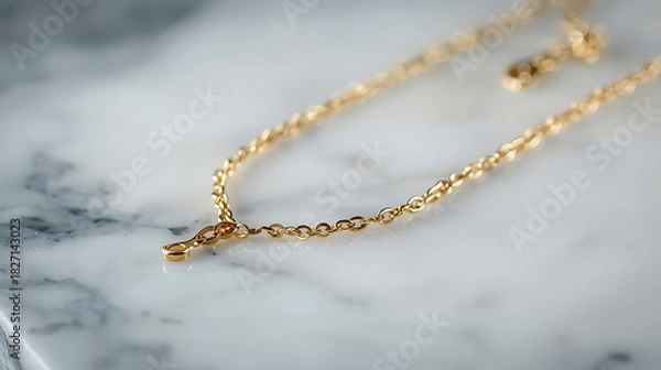 Obraz Close up shot of a delicate gold chain necklace on a white marble surface in soft natural lighting
