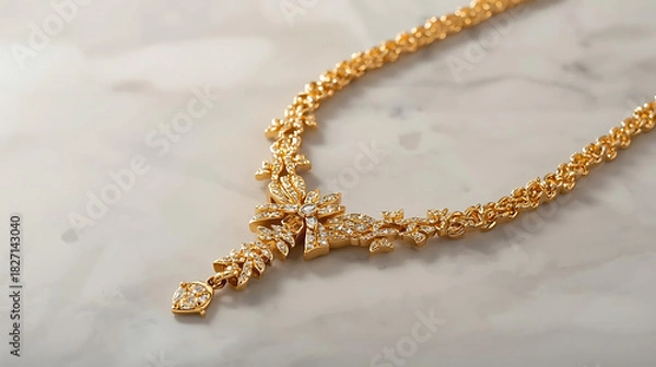 Obraz Close up of a gold necklace with floral design and small gems on a white marble surface showing detail
