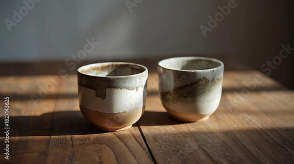 Obraz Two ceramic cups with a white and brown glaze sitting on a wooden surface in soft natural light