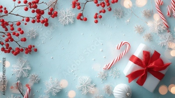 Obraz Festive christmas holiday flat lay with red berries snowflakes candy canes and gift box on blue background