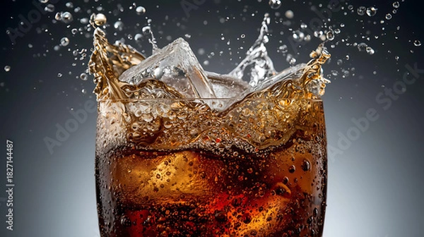 Obraz Close up of a glass of cola with ice cubes and water splashing against a grey gradient background