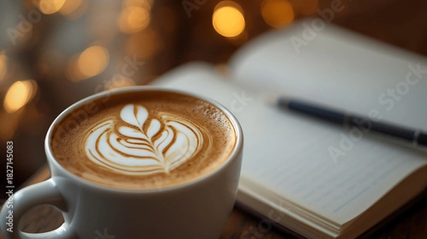 Obraz Close up of a latte with latte art next to an open notebook and pen with bokeh lights behind it