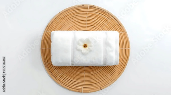 Obraz Folded white towel with a flower on a round wicker tray against a white background overhead shot