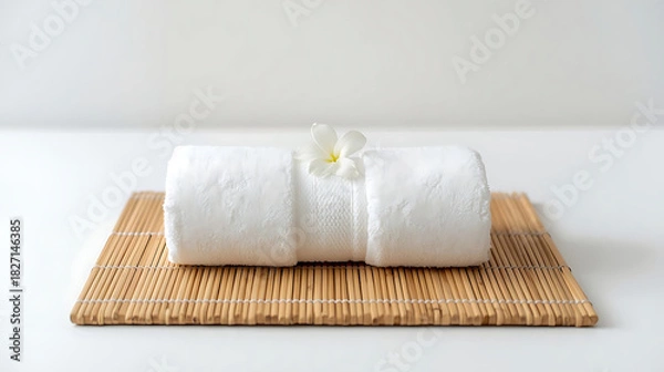 Obraz Rolled white towel with a small white flower on a bamboo mat against a white background in a spa setting