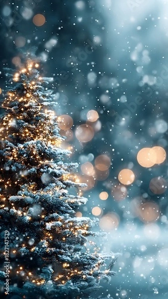 Fototapeta "Blurred Christmas Winter Background with Snowy Tree and Garland Lights – Wide Festive Backdrop"