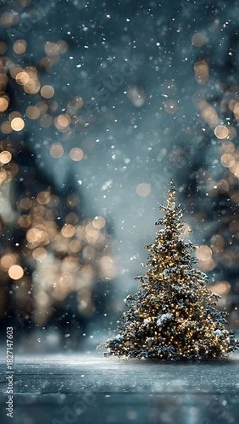 Fototapeta "Blurred Christmas Winter Background with Snowy Tree and Garland Lights – Wide Festive Backdrop"