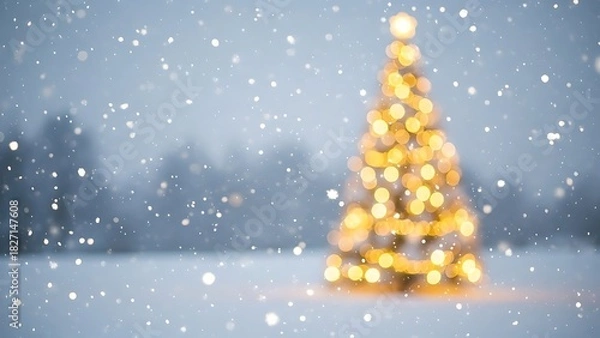 Fototapeta "Blurred Christmas Winter Background with Snowy Tree and Garland Lights – Wide Festive Backdrop"