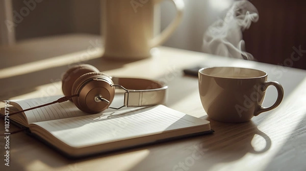 Obraz Aesthetic morning scene with headphones on open notebook and steaming coffee mug on a wooden table