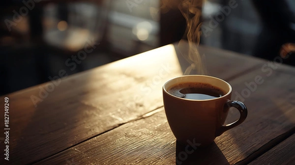 Obraz A steaming cup of dark coffee sits on a rustic wooden table with blurred background in soft light