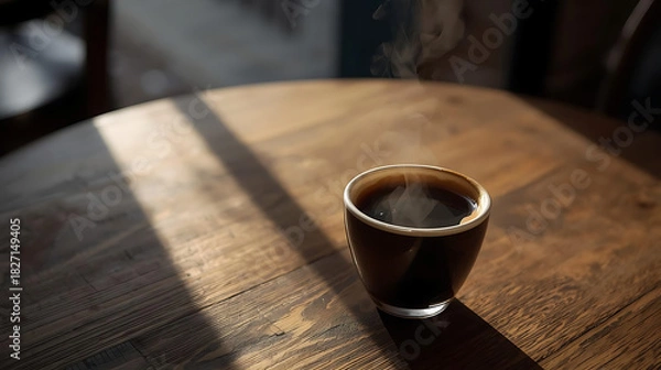 Obraz A steaming cup of black coffee on a wooden table illuminated by a ray of sunlight in the morning