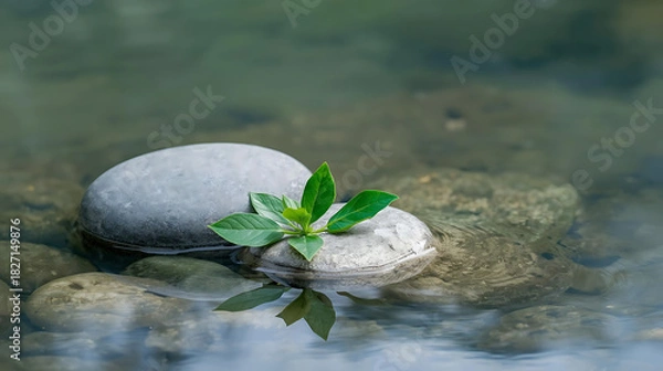 Obraz A small green plant growing on a smooth gray rock in shallow water with more rocks visible beneath