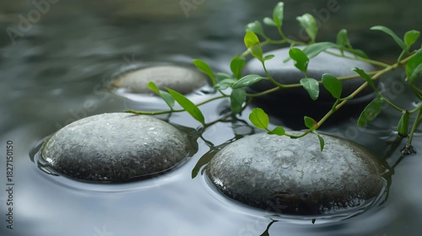 Obraz Close up of smooth gray stones in water with green leafy plant resting on top of the rocks surface