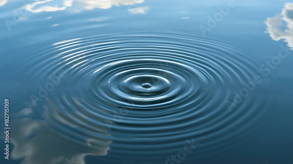 Obraz Ripples spreading across calm water surface reflecting sky and clouds creating circular wave patterns