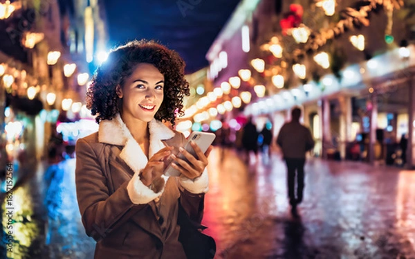 Fototapeta A smiling woman uses her smartphone while walking through a brightly lit street at night, surrounded by festive lights and reflections.
