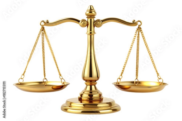 Obraz Shiny golden justice scales, with two balanced pans and chains, cutout, PNG, isolated on white or transparent background, AI