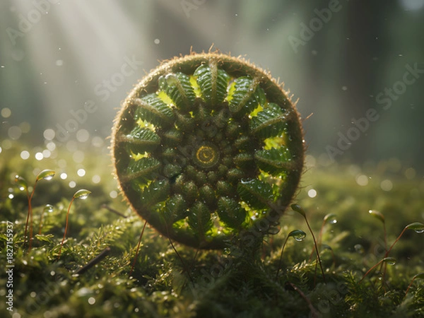 Obraz Description: A close-up of a fern fiddlehead unfurling in the early morning light. Dew drops on the plant add to the natural beauty of the image, highlighting the fresh, delicate details of the fern’s