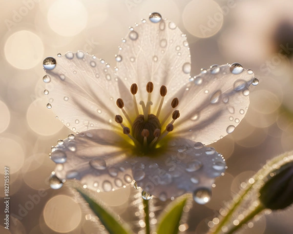 Fototapeta A delicate white flower with dew drops on its petals, bathed in the soft light of early morning. The image captures the freshness of the flower, highlighting nature's beauty in the quiet moments.