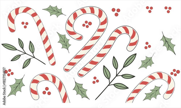 Obraz Seamless Christmas Vector Pattern with Candy Canes and Holly Berries